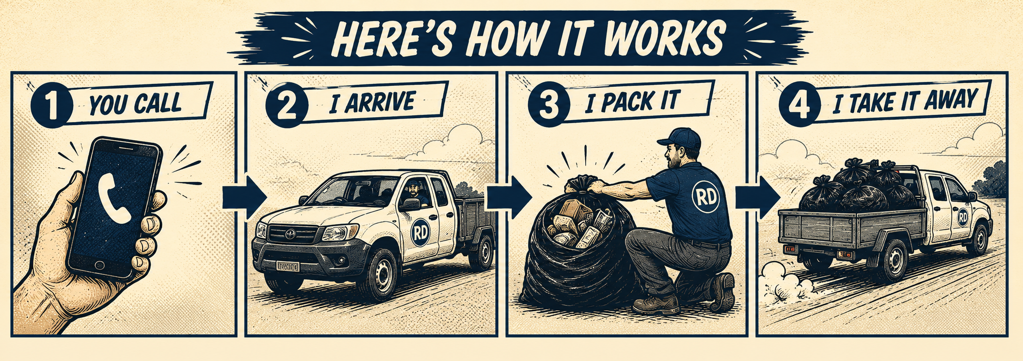 Here's how it works: You call, I arrive, I pack it, I take it away